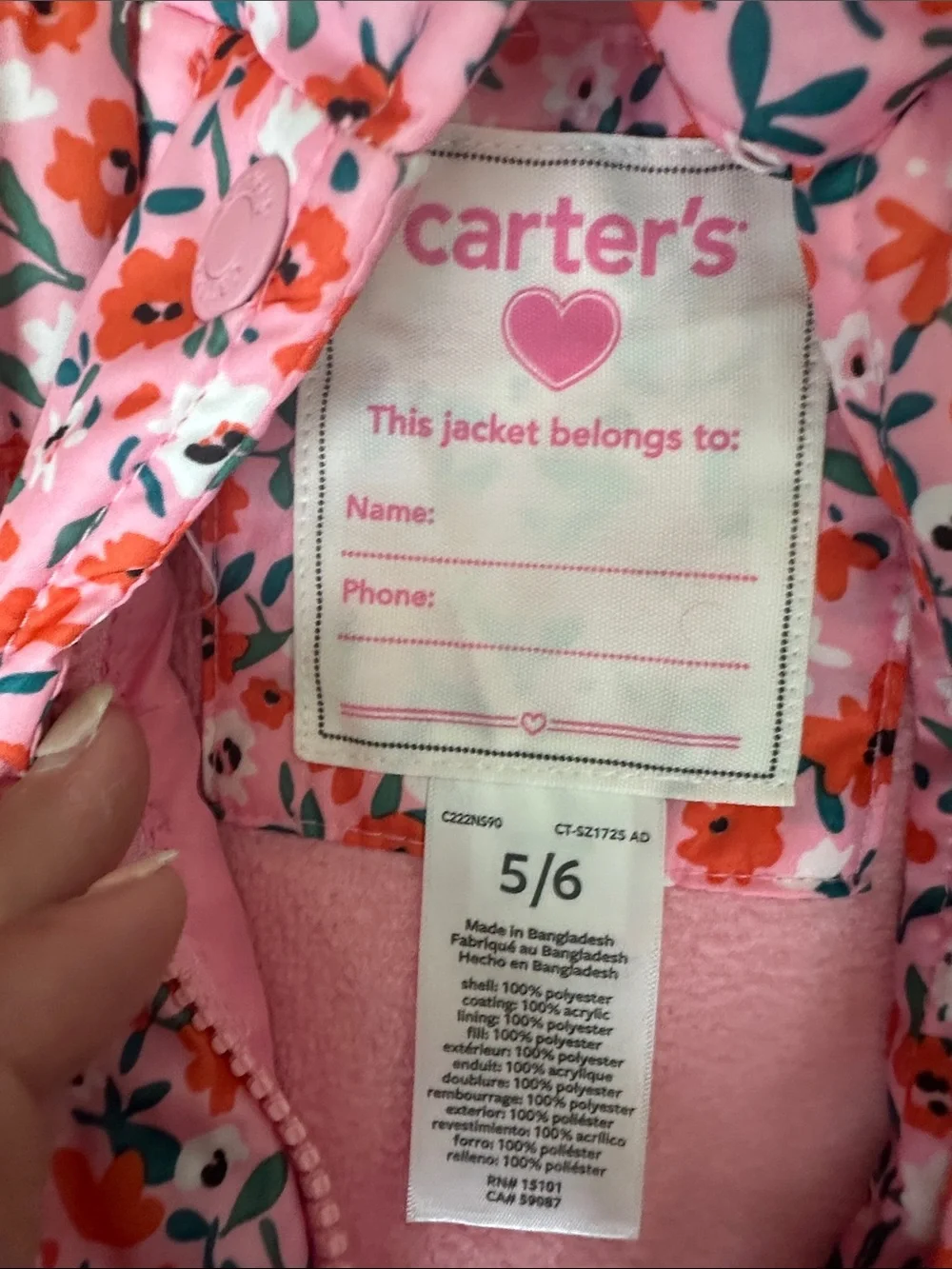 Carter's girls Pink Floral Hooded Puffer Jacket 5/6